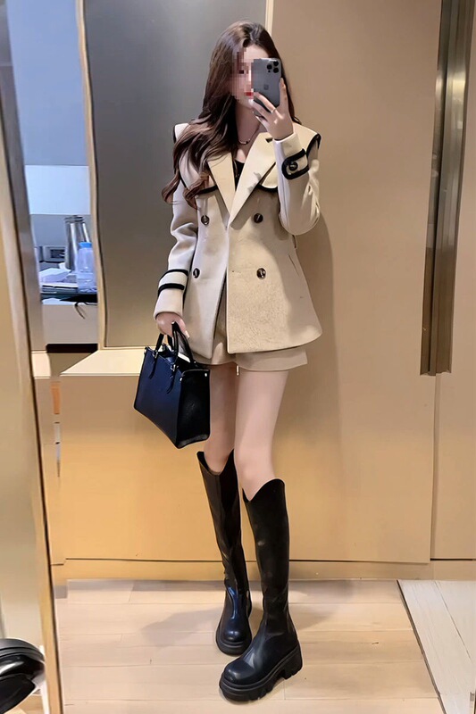 D2V Elegant Small Fragrant Fashion Suit Jacket for Women in Autumn and Winter New Style for Small People to Wear with Tall and Stylish Shorts Two