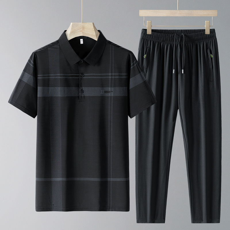 Traje casual de verano pantalones de manga corta para hombre 2025 nueva camisa POLO con sensación de hielo traje de dos piezas para papá de secado rápido para hombre