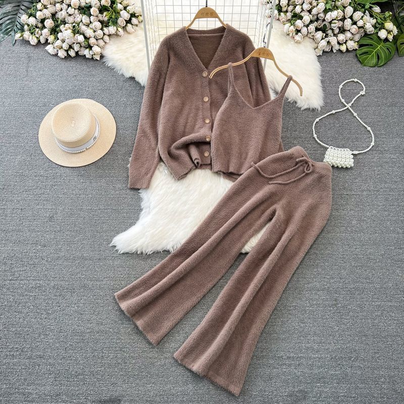 New Women's Suit Loose Single-Breasted Cardigan Jacket Camisole Three-Piece Set High-Waisted Wide-Leg Pants