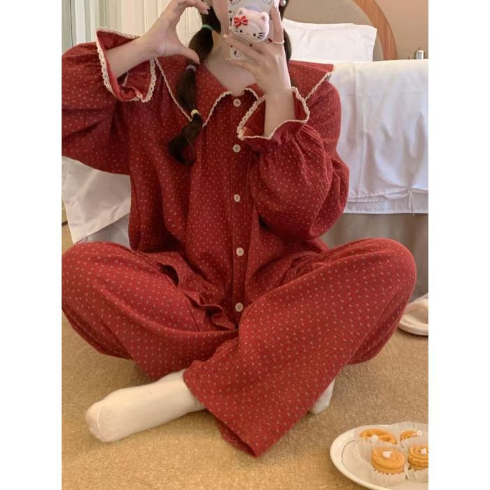 Transfronterizos para mujeres coreanas dulce muñeca cuello cuadrado color contraste gran solapa encaje pijama de manga corta ropa de hogar para mujeres de verano