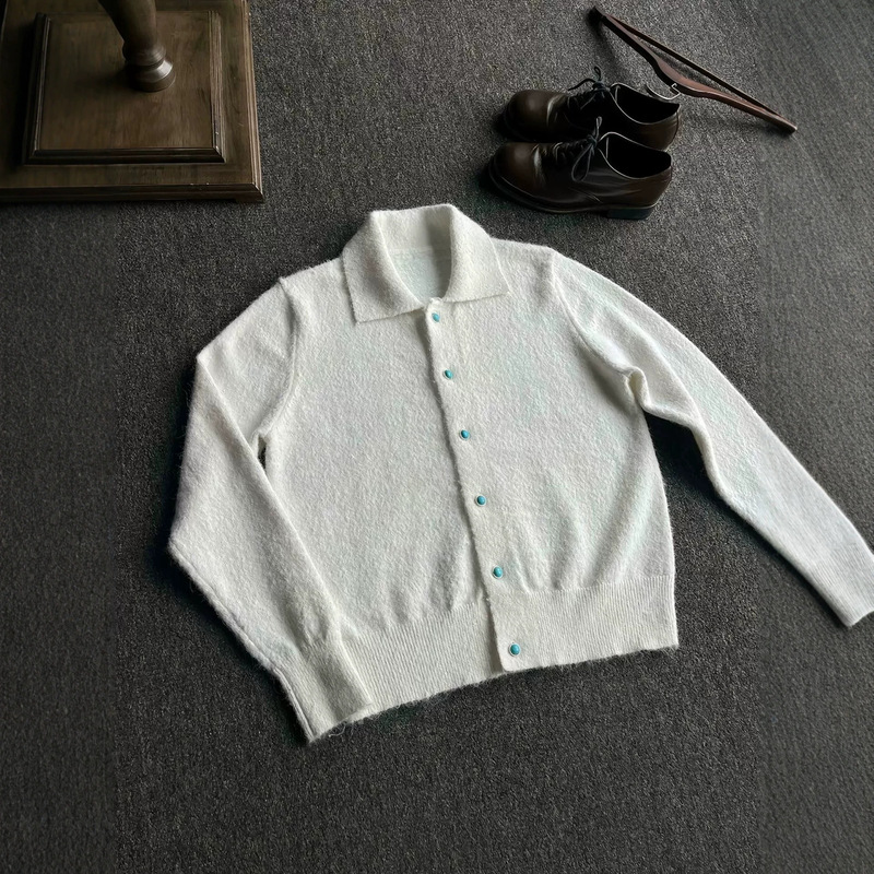 New turquoise wool blend sweater for men, autumn and winter, high-end boxy old money style knitted cardigan with a turn-down collar New turquoise wool blend sweater for men, autumn and winter, high-end boxy old money style knitted cardigan with a turn-down collar