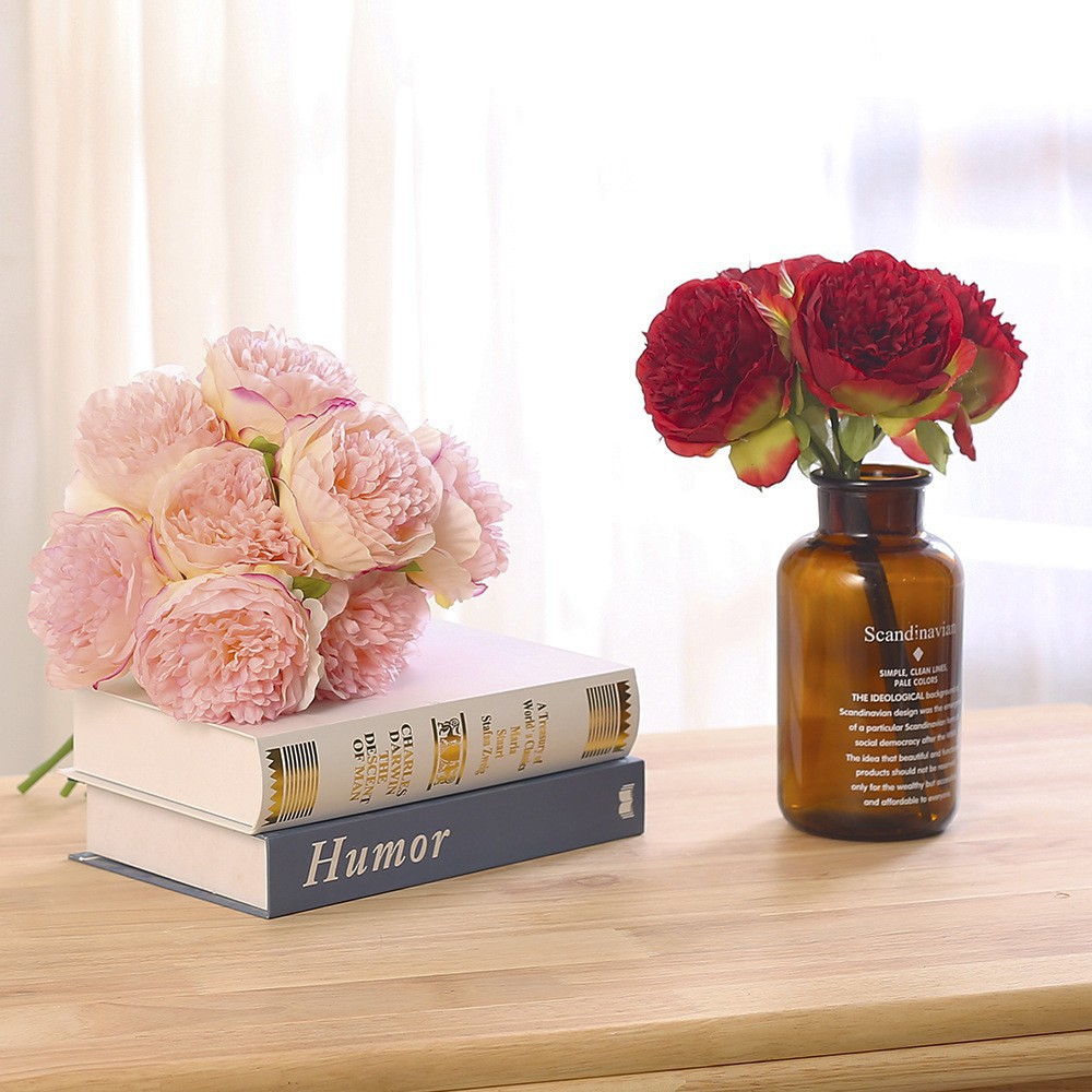 5 cabezas de flores de peonía artificiales, flores simuladas hechas a mano para uso doméstico y de bodas, ramo de flores de seda de peonía de estilo europeo.