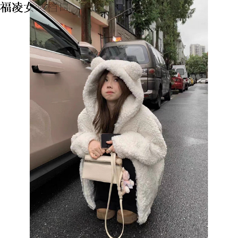 여성용 후드 베어 모피 코트 겨울 새로운 모방 양고기 모피 두꺼운 느슨한 디자인 긴 소매 탑 귀여운