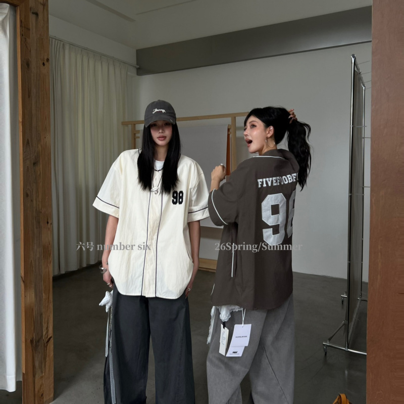 2026 Summer American Street Style Baseball Shirt for Women, Number 98 Print, Loose Fit, Slimming Short Sleeve, Plus Size, Casual Style