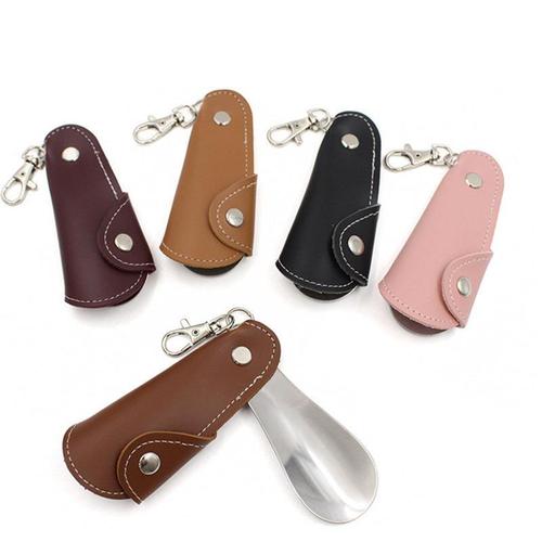 Metal leather shoehorn with leather case, unisex shoe lift, mini portable hook-and-buckle shoe pump