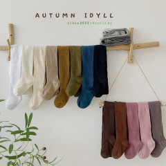 Z373兒童連褲襪批發春季純色雙針女童打底襪抽條精梳棉兒童連腳襪