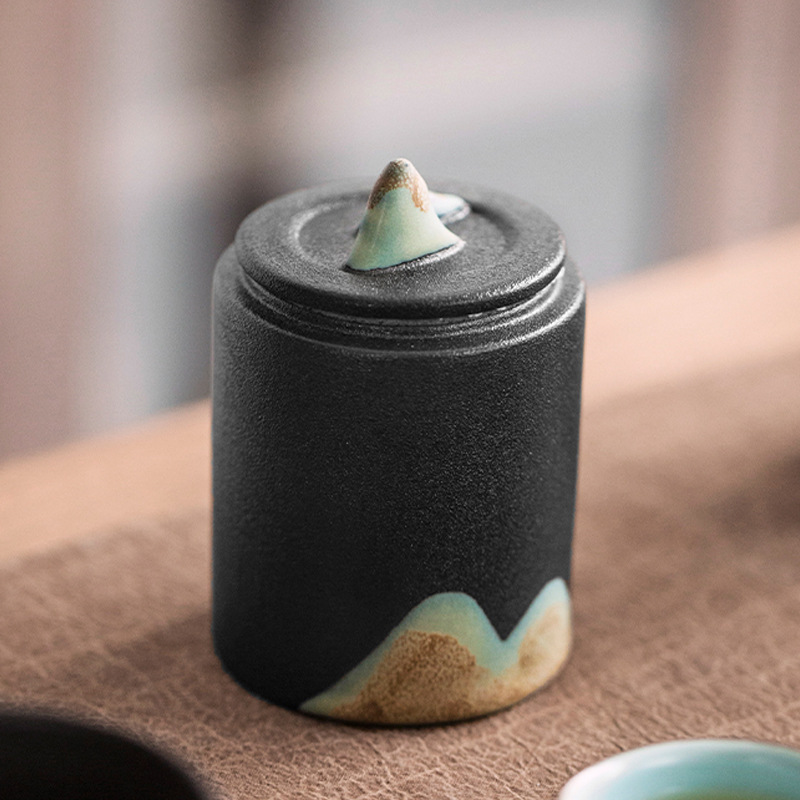 Tea Can with Japanese Hand-painted Distance Mountain Design, Small Tea Storage Can, Ceramic Household Moisture-Proof Sealed Can