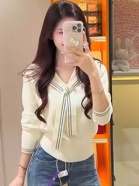 围巾领针织衫女2025秋季新款韩系学院风减龄短款收腰修身长袖毛衣|undefined