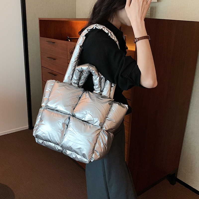 Down Bag Women Fashion Large Capacity Tote Bag High grade Shiny Handbag Simple Checkered Cotton Bag Shoulder Bag_voghion.com