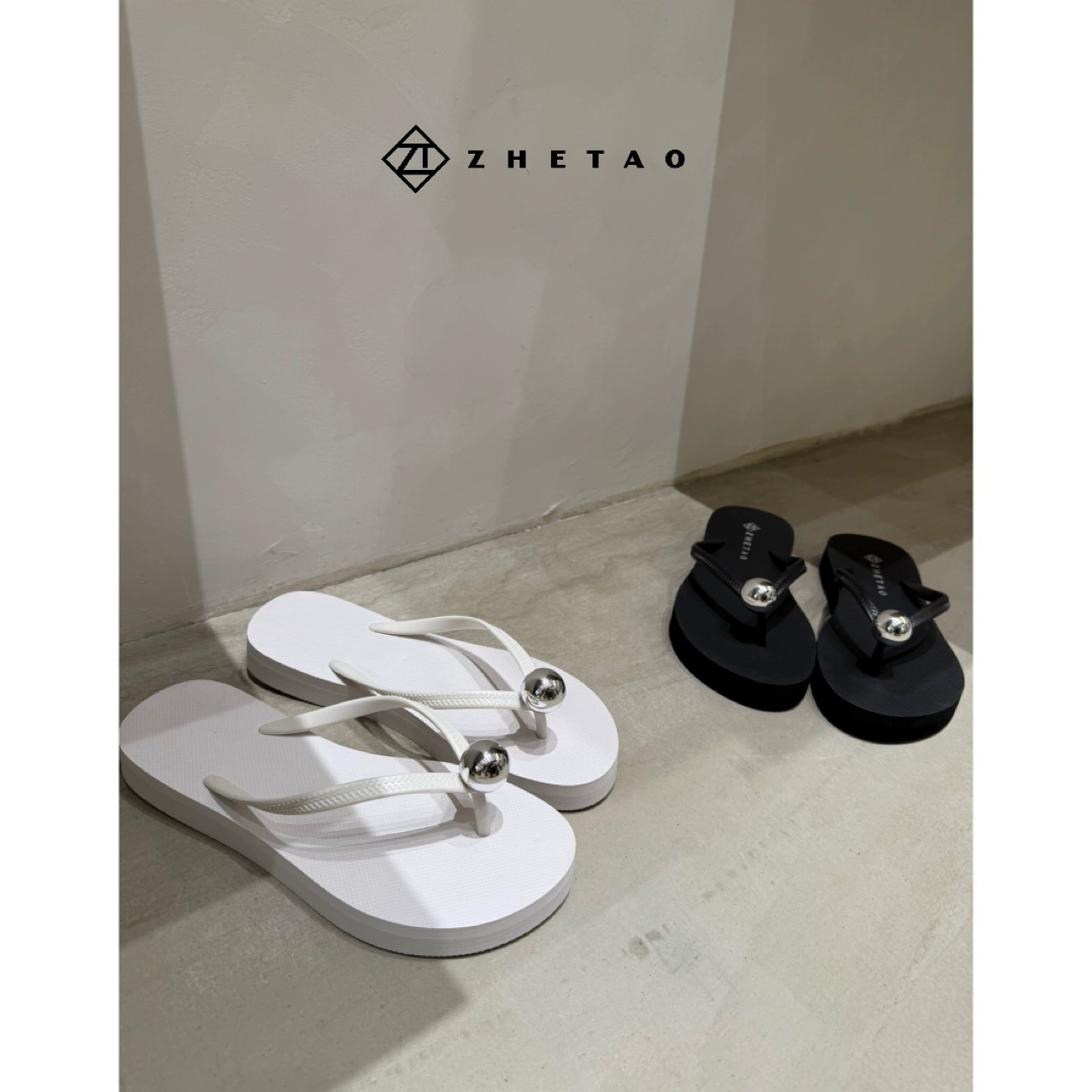 ZHETAO2025 весна и лето новый елочкой плоское дно сплошной цвет глянцовый шарик резиновый нескользящий пляжный зажим тапочки