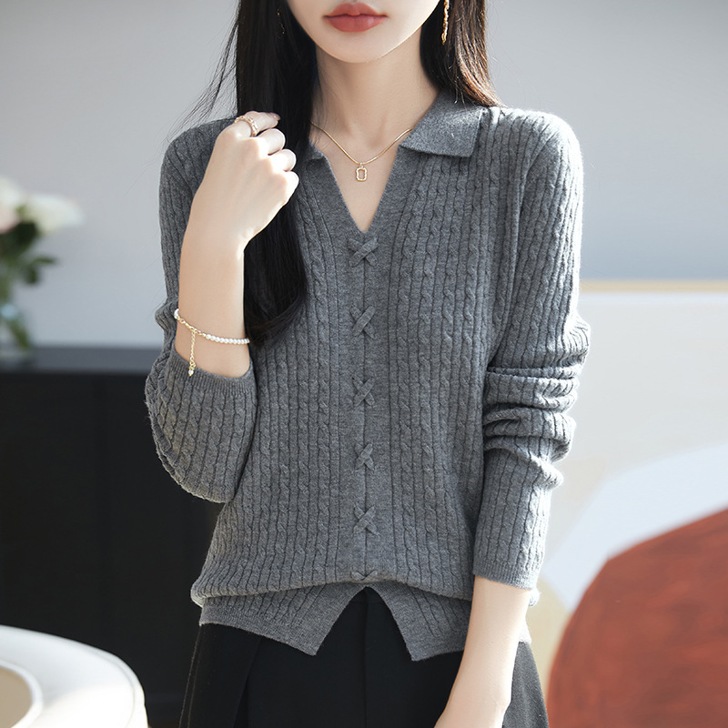 polo翻领针织衫长袖扭花复古毛衣女宽松显瘦内搭纯色上衣打底衫|undefined