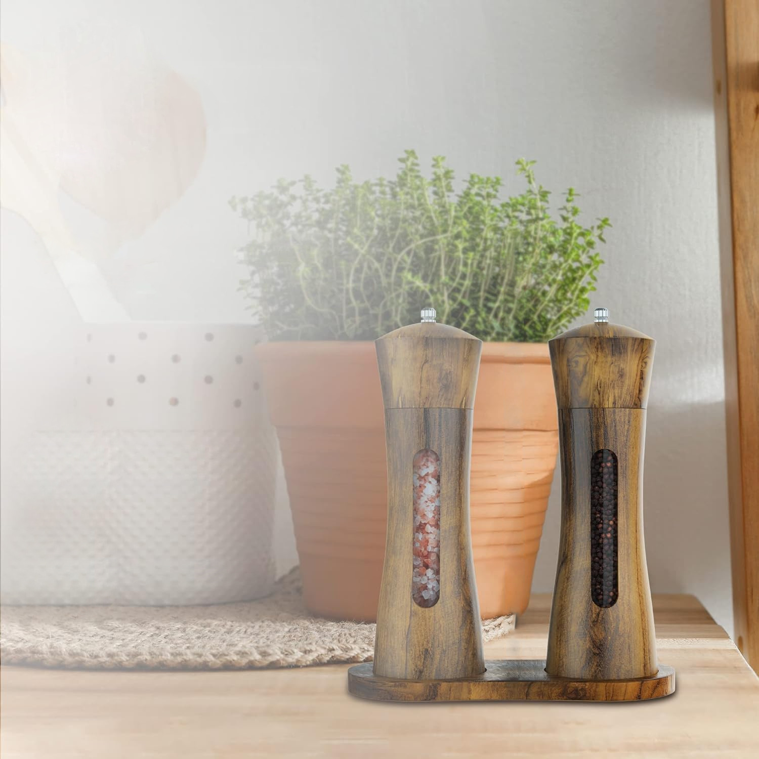 Molino de pimienta acrílico sal marina doméstica molino de pimienta pagoda molino de pimienta madera de cocina molino de pimienta