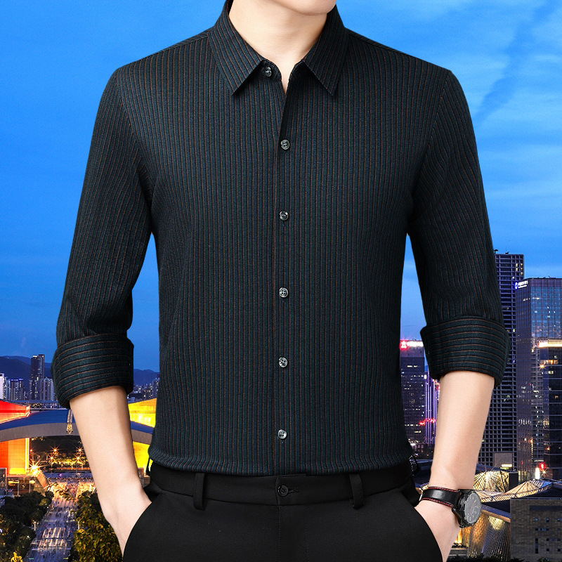 专柜品牌高档羊绒衬衣男2025秋装新款中年男式商务条纹长袖衬衫