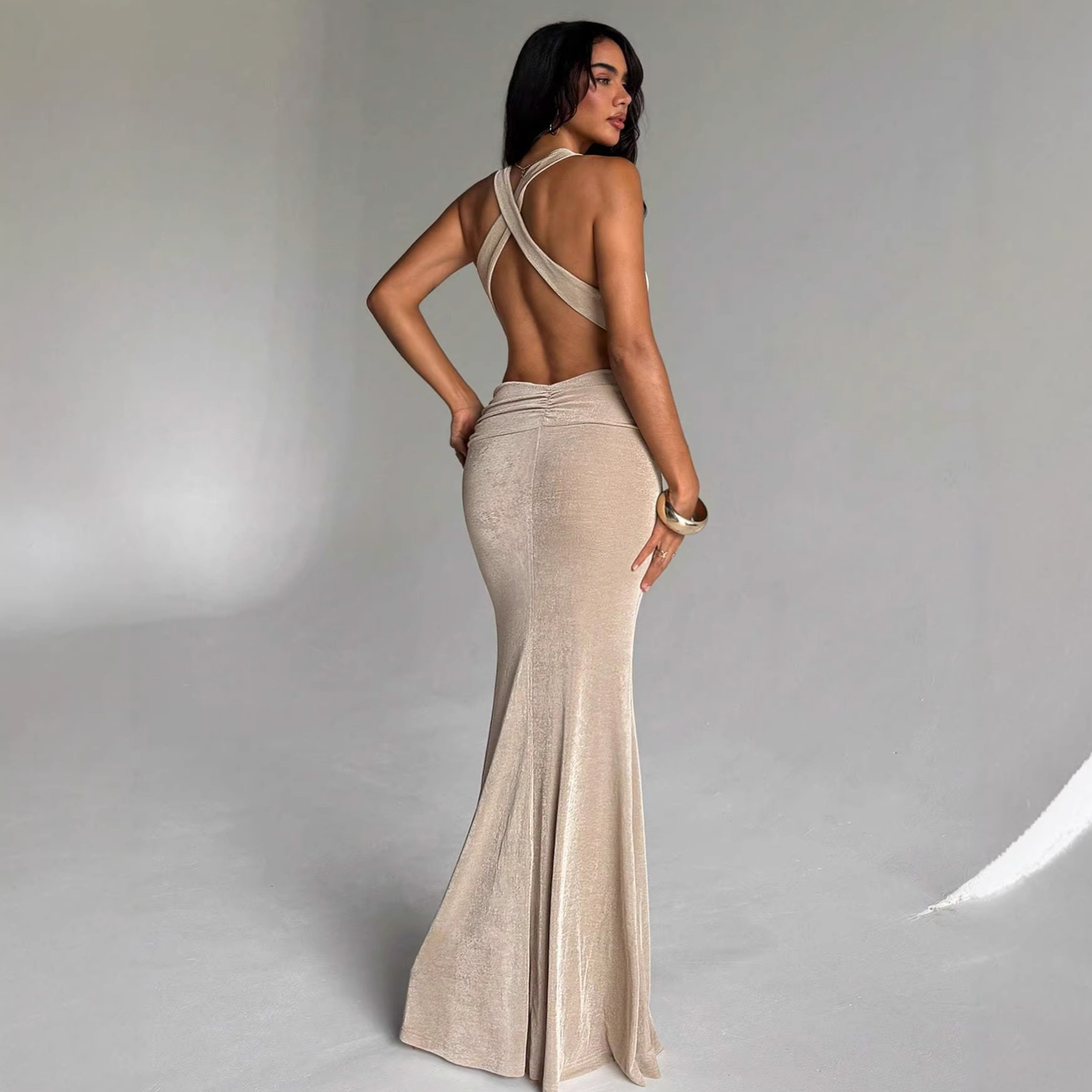 Summer Sexy Backless Hollow Out Long Dress V Neck Slim Fit Glitter Women's Fashion Elegant Dress_ecoleips.com