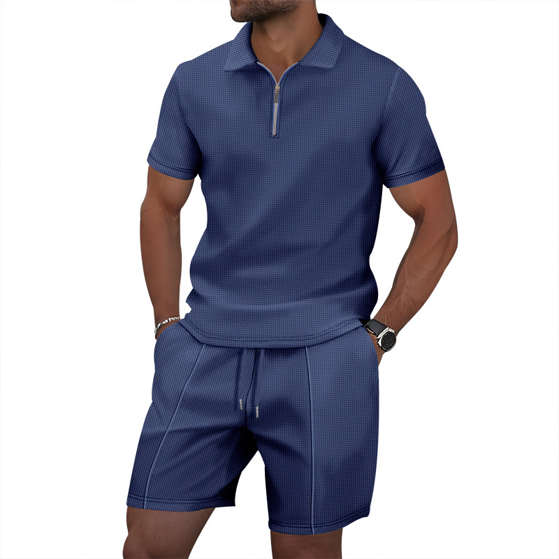 Men's Clothing Men's Casual Short Sleeve T-Shirt And Shorts Set Solid Color Lapel Zipper Waffle Design Summer Fashion_viptrois.com