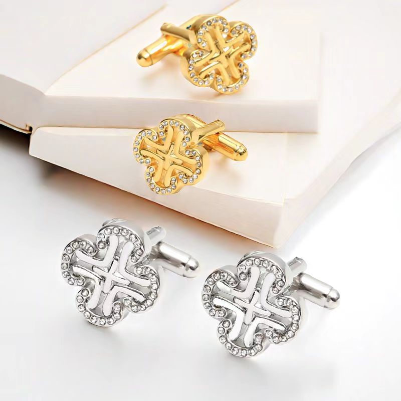 Men's cufflinks hollow inlaid rhinestone cross shape copper gold and silver 2 color optional shirt cuff button XK24020
