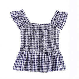 2025夏季新款女装气质时尚百搭简约格纹刺绣方领荷叶边打揽上衣