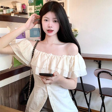 法式一领荷叶边短袖衬衫女夏季2025时尚新款甜美风修身短款上衣潮