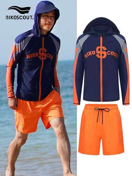 Men's Long-Sleeve Sun-Protective Swimwear, Hooded Quick-Dry Youth Two-Piece Beachwear Set