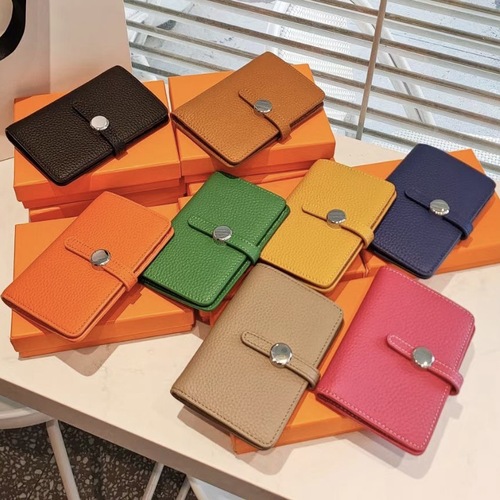 Factory direct sales  new h medium length first layer cowhide lychee pattern wallet round buckle drawstring wallet for women