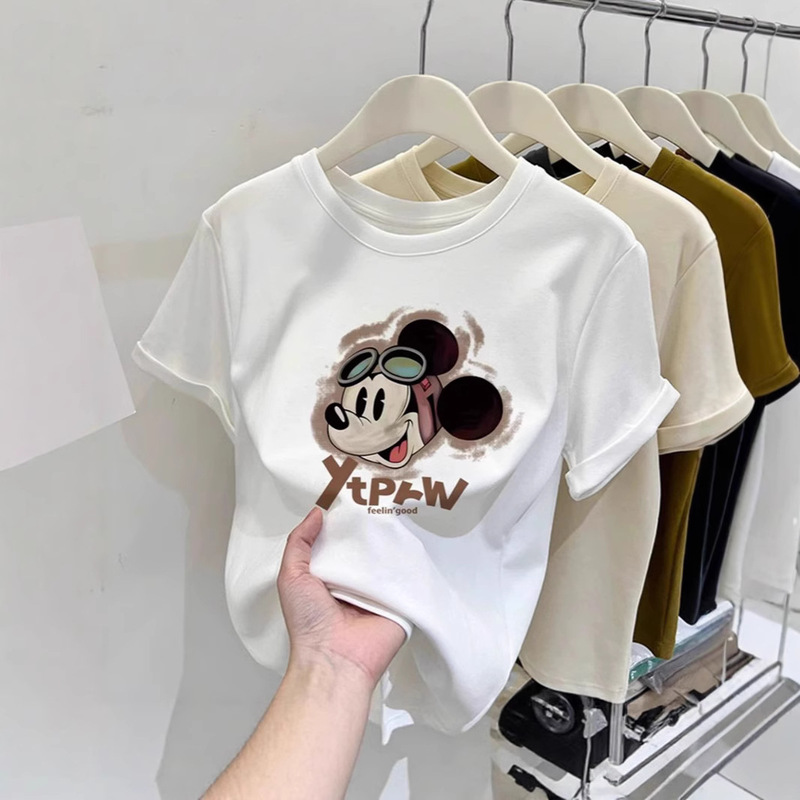 American-Style Right Shoulder Cartoon Cute Mickey Age-Reducing Short-Sleeved T-Shirt for Women Summer New Casual Outer Wear Versatile Top T-Shirt