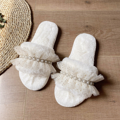 Amazon cross-border open furry slippers for women autumn and winter new home rhinestone lace floor warm cotton slippers