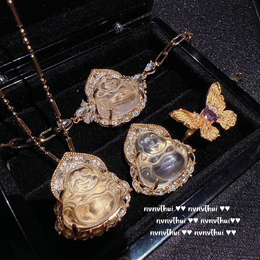 古法金色 冰透水沫玉大肚佛公项链 新中式 黄钻佛公锆石手链 戒指