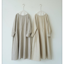 3色日单棉麻腰捏褶宽松长袖连衣裙森系简约素雅插肩设计圆领秋冬