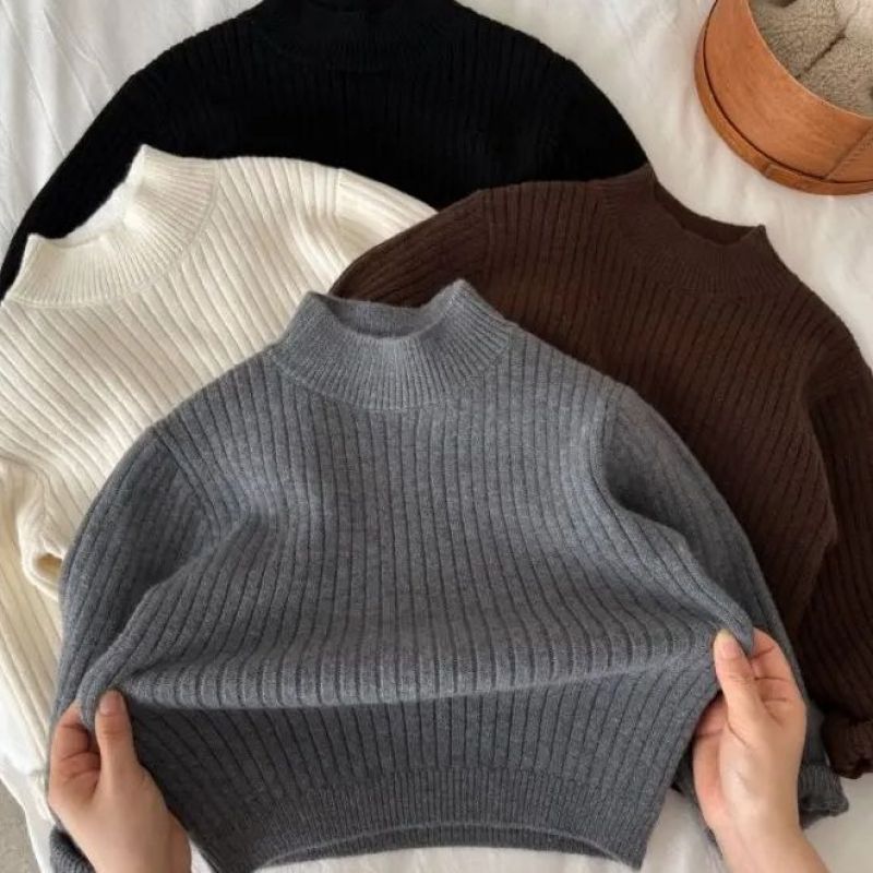Boys' and girls' sweaters, base layer, semi-high neck, solid color, thickened baby knitted pullover sweaters, autumn and winter children's clothing sweaters