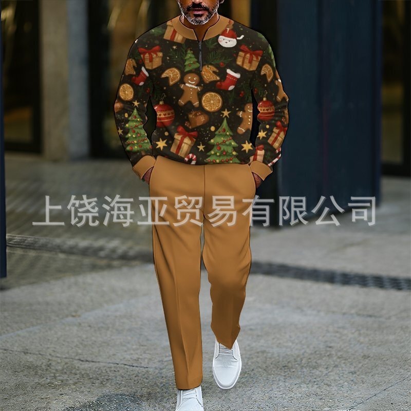 2025欧美跨境外贸秋冬热卖新款男士圣诞节数码打印套装男卫衣两件|undefined
