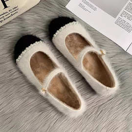 冬季新款平底白色小香风法式玛丽珍毛毛鞋女外穿加绒单鞋时尚百搭