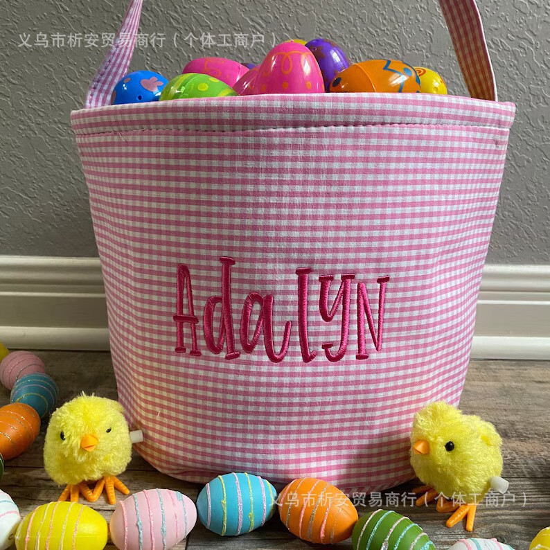 etsy personalized embroidered easter basket seersucker plaid easter tote basket bunny storage basket