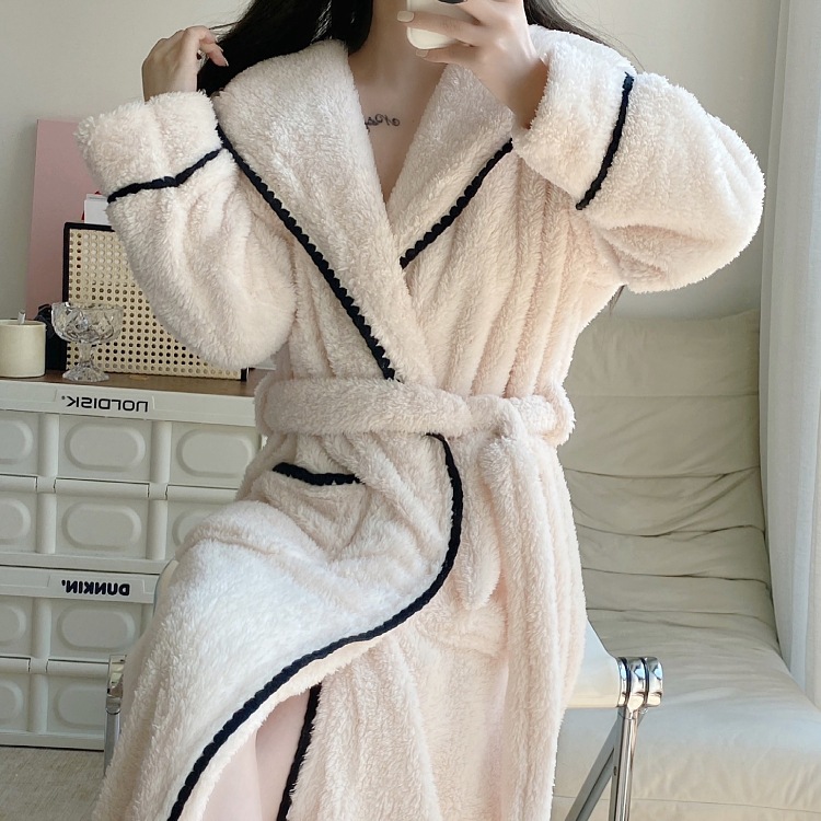 Gentle beige nightgown women's bathrobe winter long fur flannel thickened coral fleece lace-up hotel pajamas homewear
