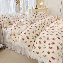 韩版印花纯棉床裙四件套公主风纯棉被套蕾丝花边床罩床上用品