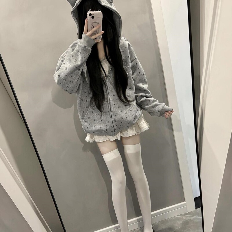 American-style cute cat-ear hoodie with full diamond print, niche spring and autumn new unique cardigan with hood American-style cute cat-ear hoodie with full diamond print, niche spring and autumn new unique cardigan with hood