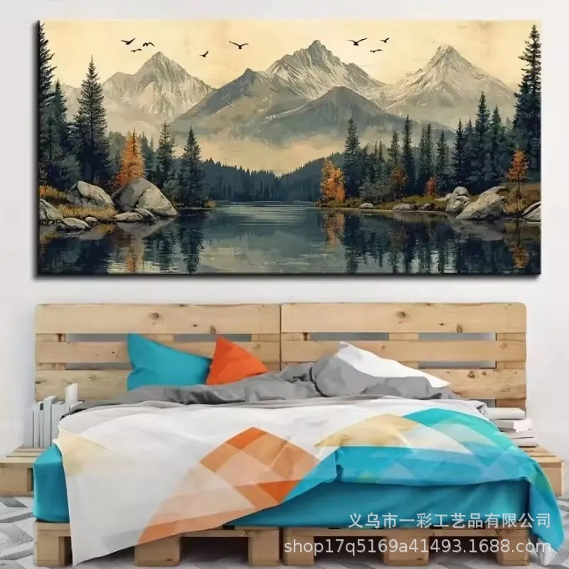 Pintura decorativa de paisaje estilo retro al óleo, impresión en lienzo horizontal de lujo nórdico para sala de estar, arte de pared con temática natural. image 2