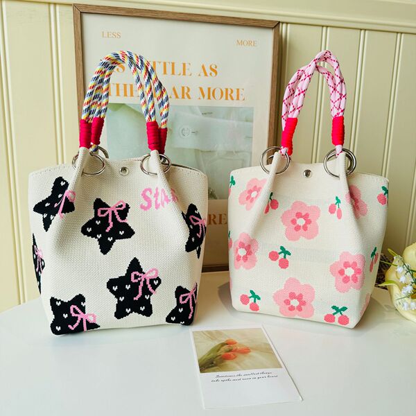 New spring and summer Korean style flower knitted bucket bag, travel handbag, versatile handbag, commuting portable