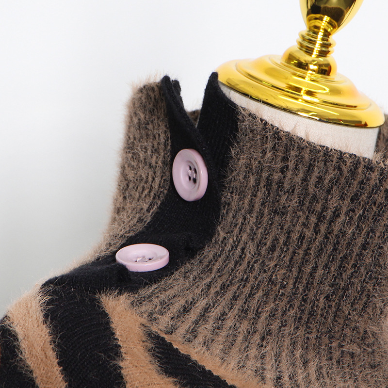 Loose Knitted Dress Winter Stand Collar Oblique Buckle Long Sleeve Mink Hair Sweater with Belt