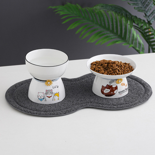 Cat Bowl Ceramic High-Feet Pet Cat Dog Food Protection Cervical Anti-Tipping Anti-Black Chin Water Rice Dual Bowl Cat