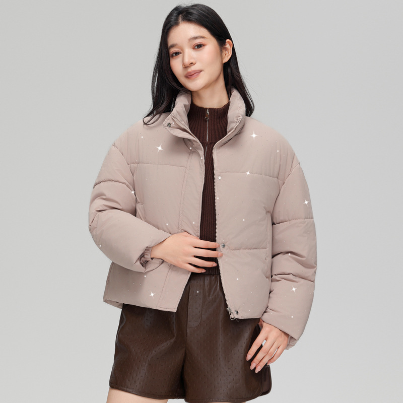 Chaqueta de algodón de pluma en invierno 2025, nueva chaqueta de algodón corta y cómoda, estilo casual, cuello caliente, color sólido.