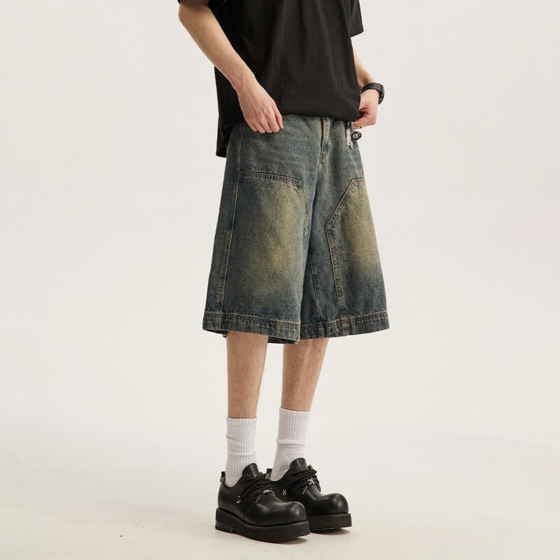 Summer New Washed Denim Shorts for Men, Loose Casual Versatile Mid-Length American Style Trendy High Street Straight Five-Point Cross-Border