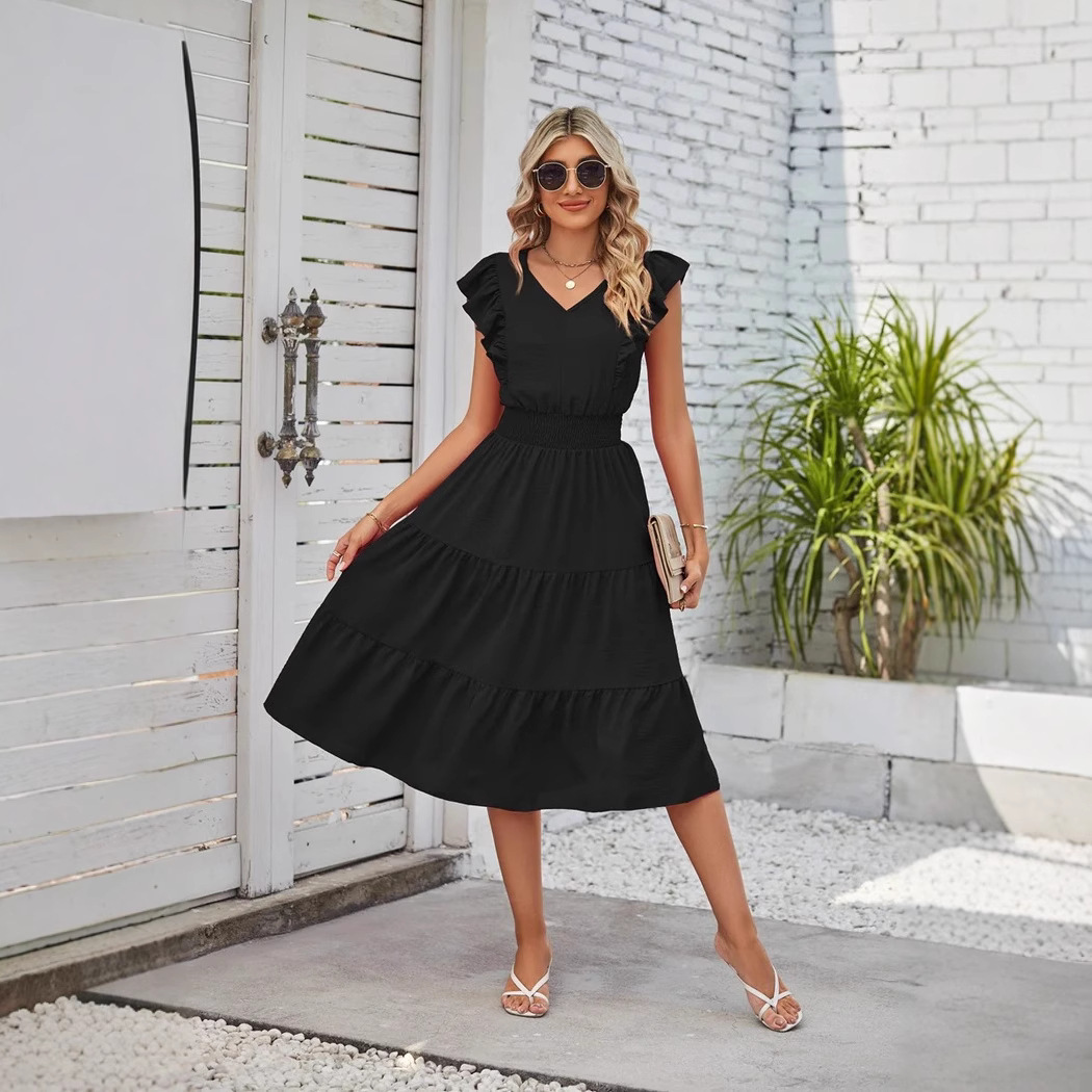2025 European and American Fashion Amazon Independent Site Ruffle Sleeve Solid Color V-Neck Waist-Cinching Slimming Dress