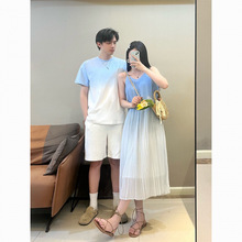 [两件套]情侣装夏季仙女海边度假风渐变吊带男衣连衣裙女海浪裙子