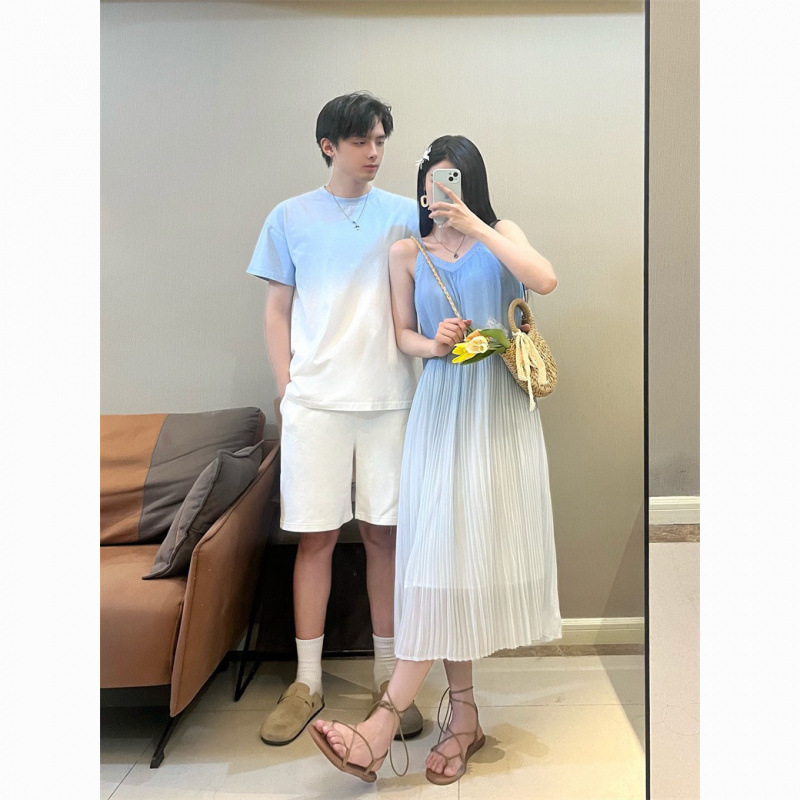 [两件套]情侣装夏季仙女海边度假风渐变吊带男衣连衣裙女海浪裙子