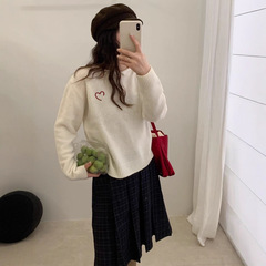 韩系100%羊毛卷边小翻领爱心刺绣套头毛衣针织衫女秋季打底衫上衣