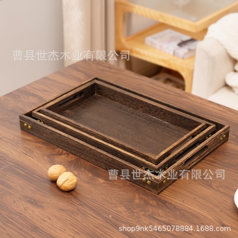 現物レトロ木製焼き色茶皿家庭用カンフー茶道収納トレーデスクトップコップ整理木トレー|undefined