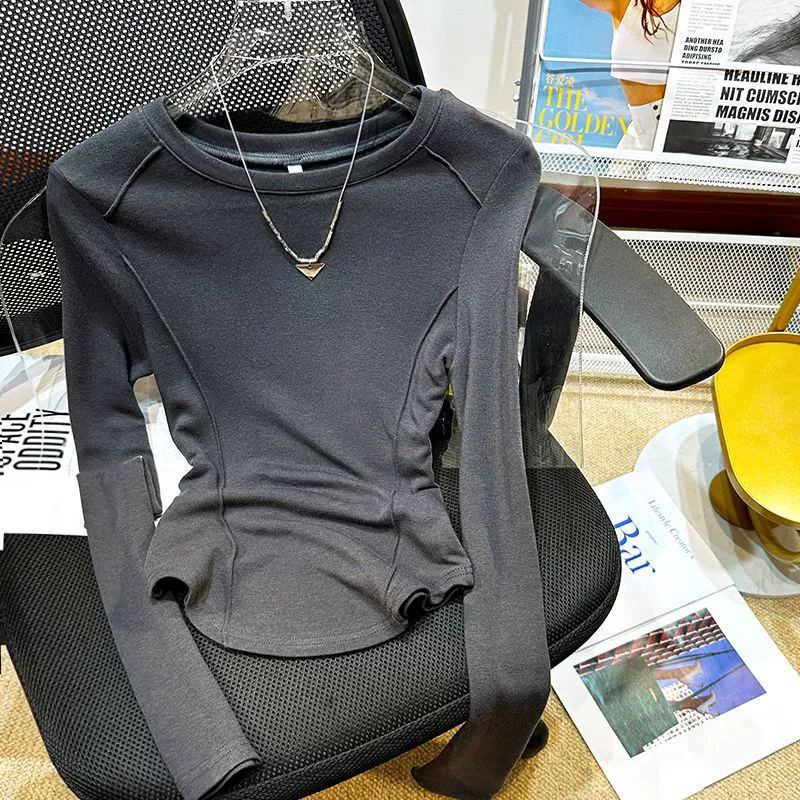 Женская футболка с длинными рукавами «Рыбья кость», весна-осень 2024, новый стиль, рубашка с тонким низом, утягивающий короткий топ с круглым вырезом