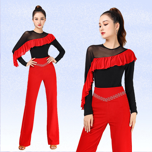 Latin Dance Top New Modern Dance Jitterbug Dance Suit Mesh Elegant Wavy Sleeves Red Long Sleeves