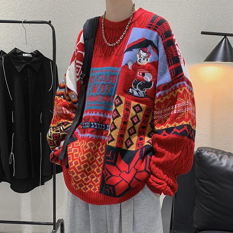 Men's Clothing Christmas Retro Sweater Round Neck Lazy Style Loose Autumn And Winter Wear Knitted Clothes_voghion.com