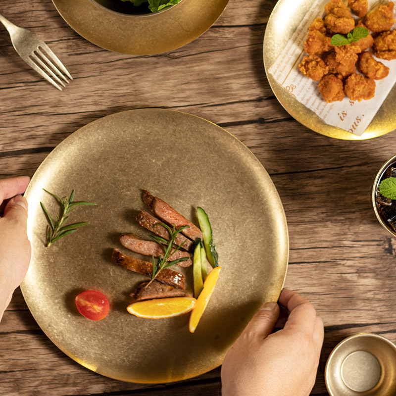 304 Stainless Steel Plate, Gold Round Plate, Light Luxury Retro Snow Gold Plate, Shallow Plate, Industrial Style Tray, High-Value Dining Plate 304 Stainless Steel Plate, Gold Round Plate, Light Luxury Retro Snow Gold Plate, Shallow Plate, Industrial Style Tray, High-Value Dining Plate